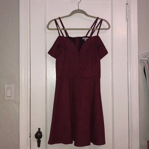 Off the shoulders, strappy, maroon dress